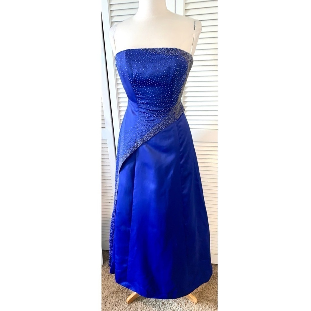 Morgan & Co. Blue by Linda Bernell strapless beaded Cobalt Blue gown 3/4